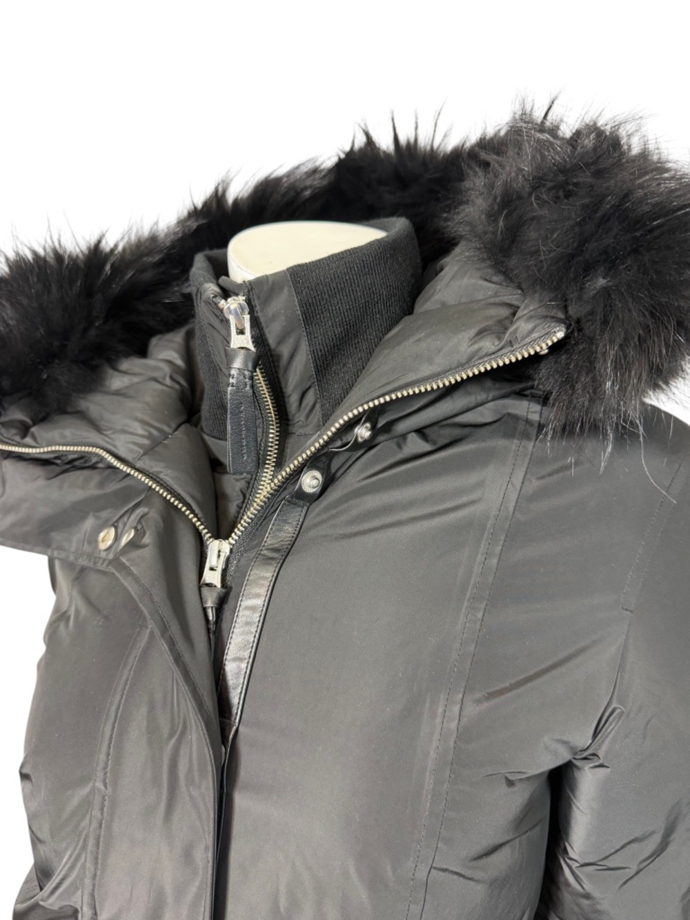 Mackage Down Parka Coat Real Asiatic Raccoon Fur Leather Trim Black XXS - Picture 2 of 16